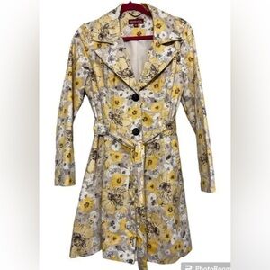 Merona Women's Yellow Floral Mid Length Trench Coat with belt Size XL